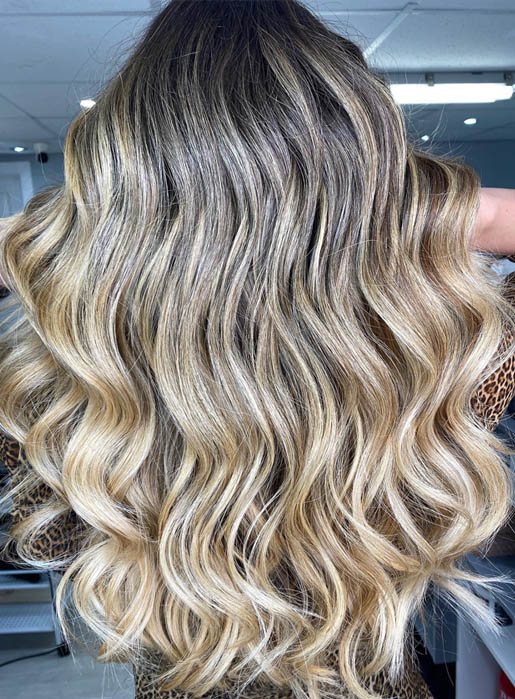 ash blonde balayage, beach highlights, layered haircut